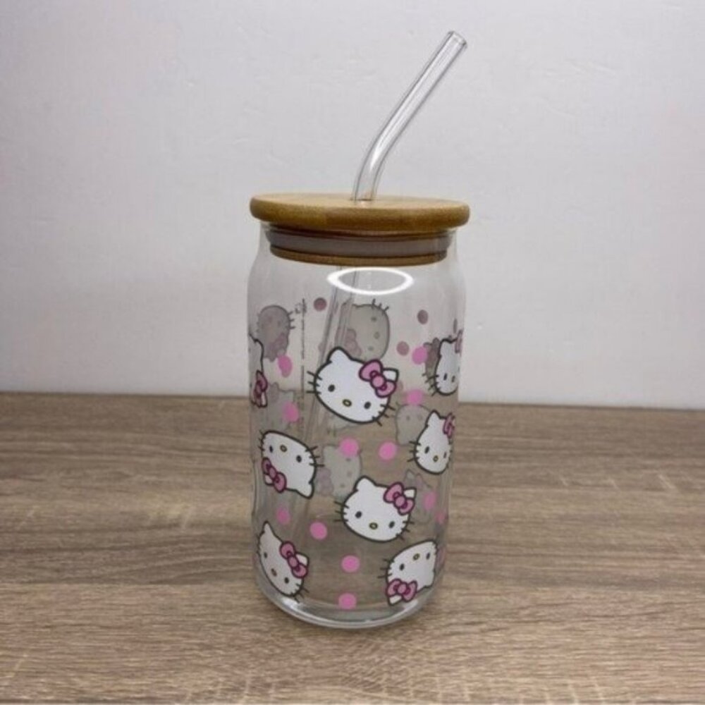 Hello Kitty Pink Face Glass Straw Can Cup NEW